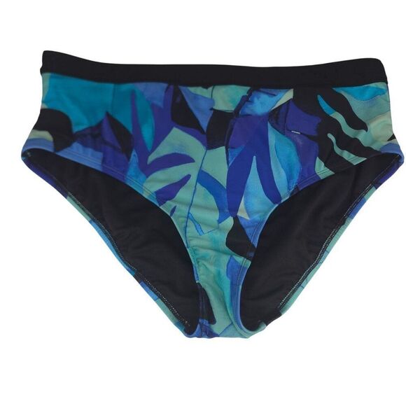 Womens XL Tropical Leaf Print Swim Bottoms Black Blue - Picture 1 of 3